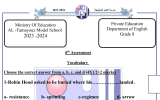 نموذج مع الحل للاختبار التقويمي4 مفردات انجليزي ثامن فصل أول - م. التميز 2023 2024